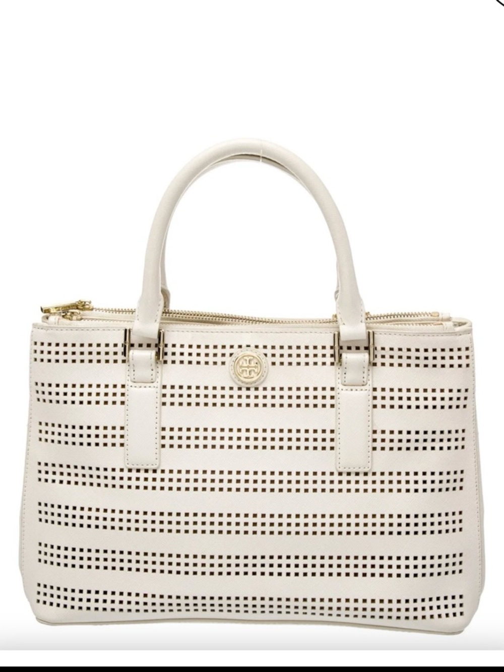 Tory Burch Perforated White Satchel Leather Handbag with Gold Accent